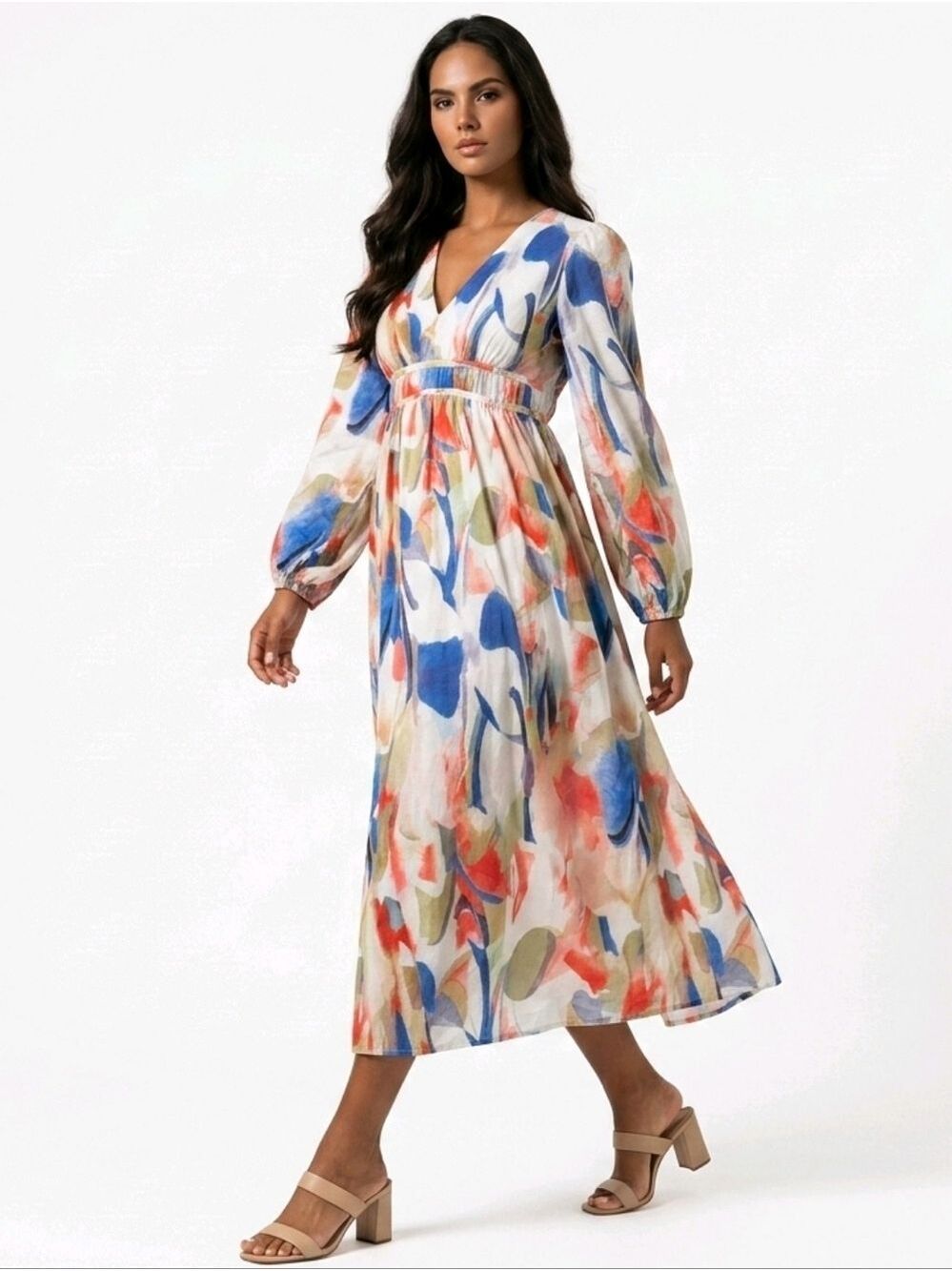 Floral Watercolor V-Neck Midi Dress in Multicolor